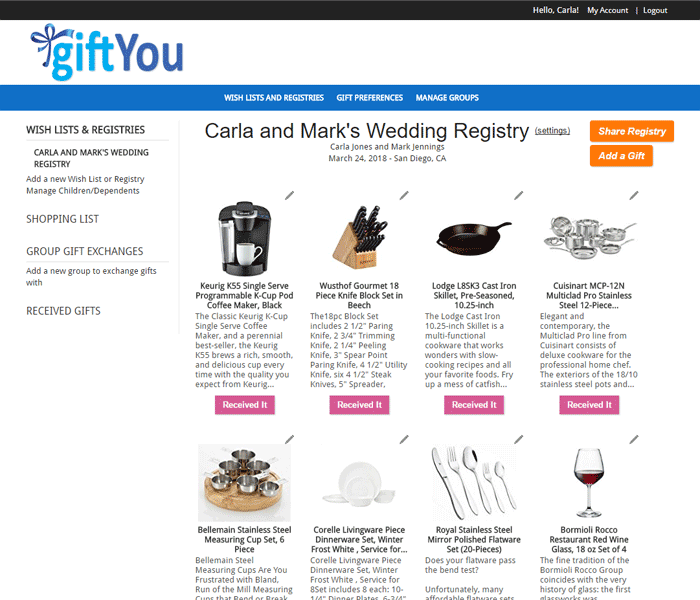 Screen shot of Wedding Registry