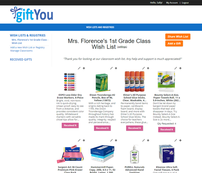 Screen shot of Wish List for Teachers, Classrooms and Schools